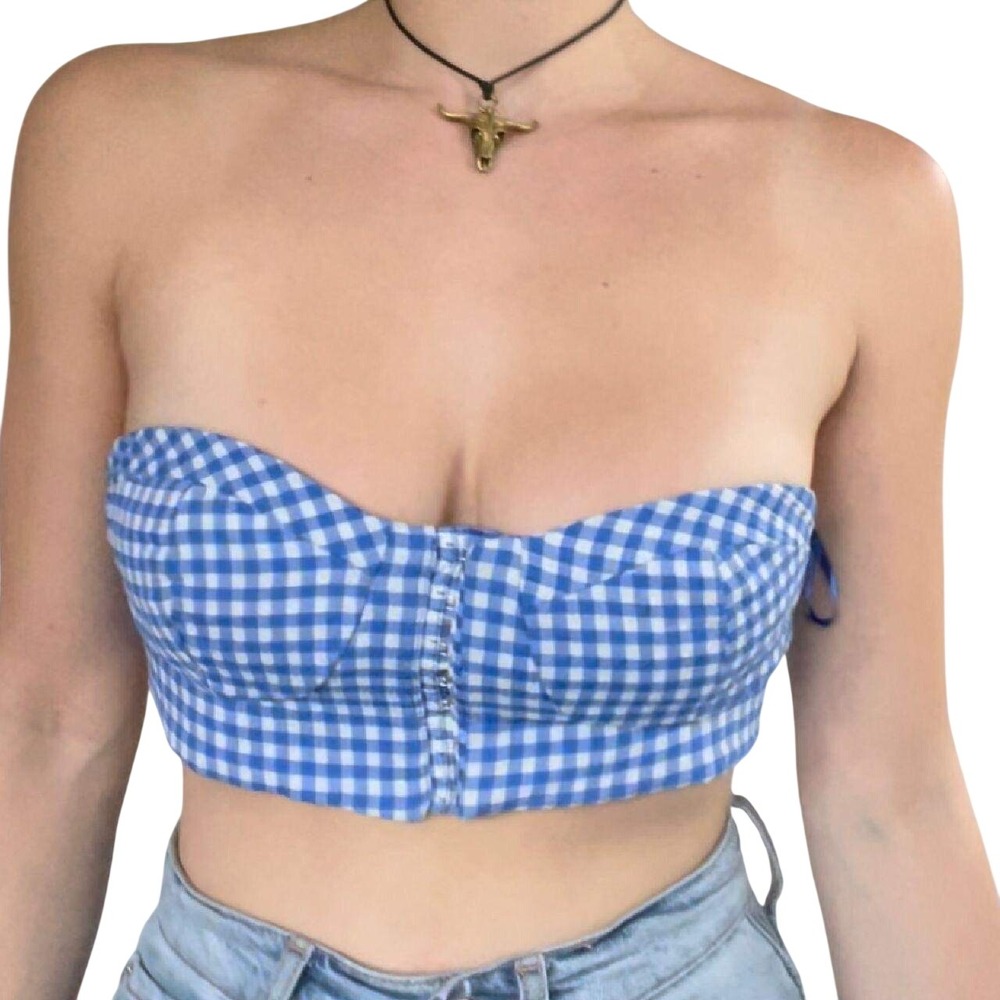 ZARA Gingham Bustier Top Womens XS Blue White Crop Cottage Cowgirl Retro Summer